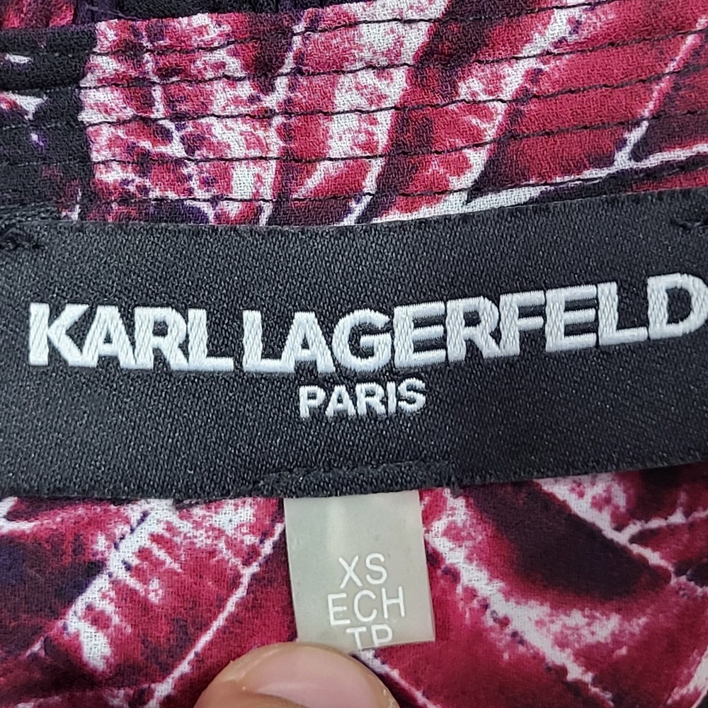 Karl Lagerfeld Paris Blouse Womens XS Pearl Button Floral Leaf Printed Ruffle - Picture 10 of 12